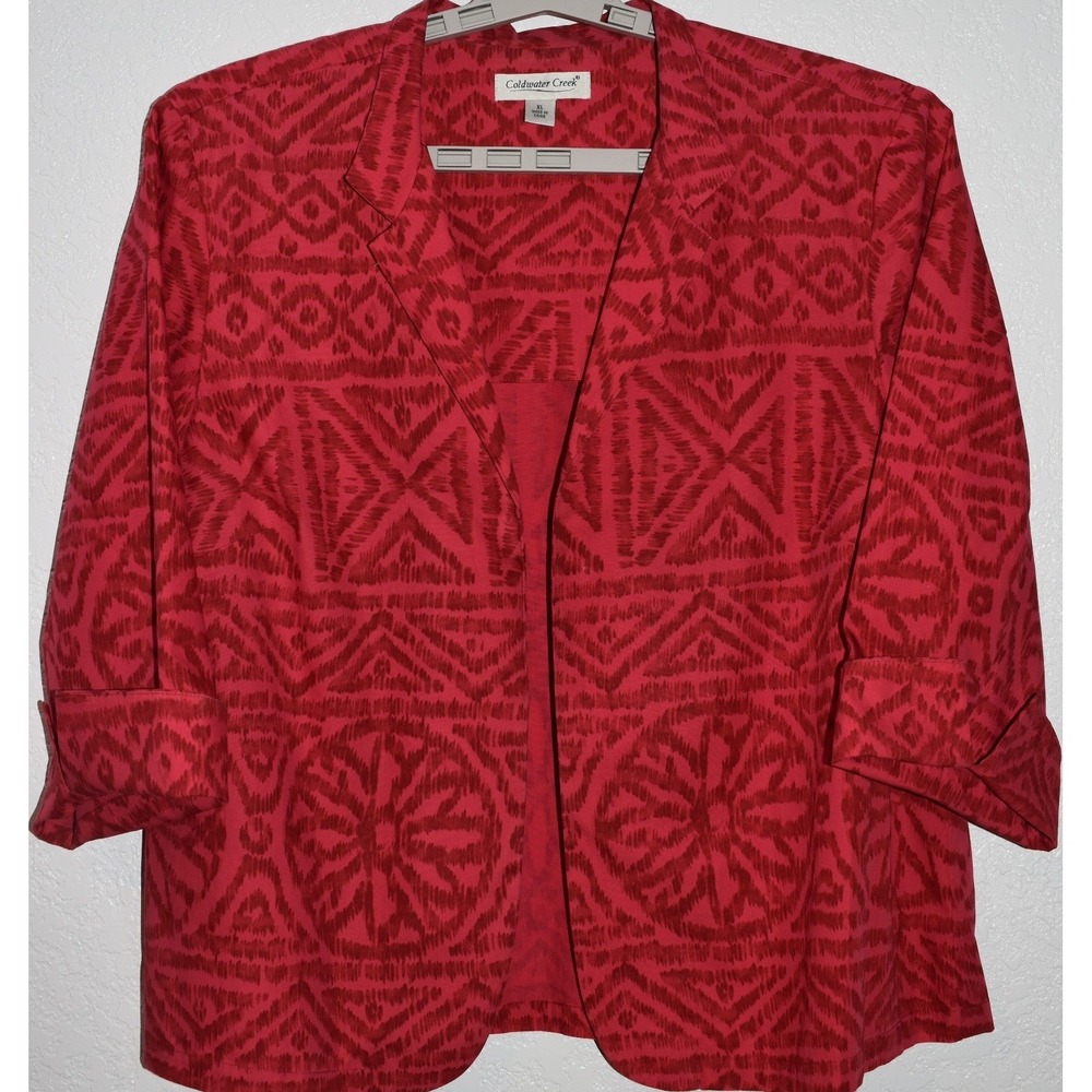 Coldwater Creek Red‎ Ikat Geometric Cotton Open Front Blazer Jacket Womens XL